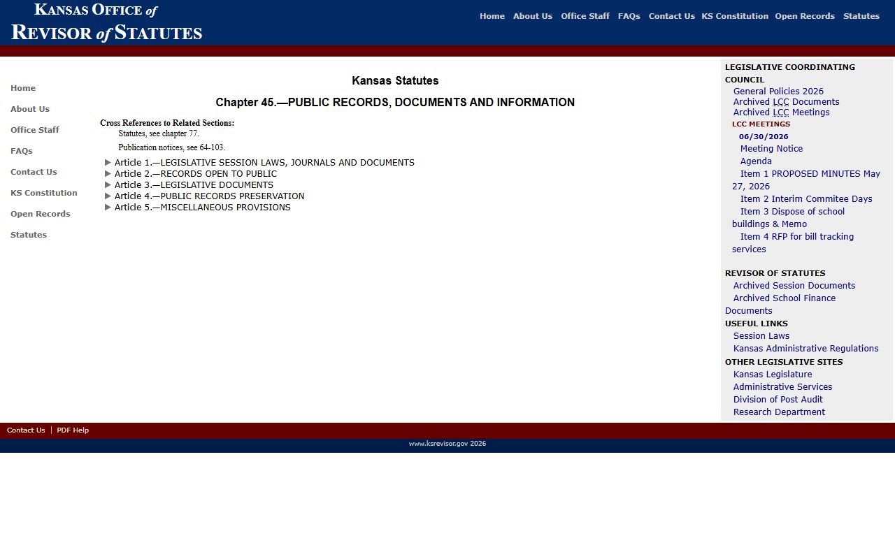 Jackson County Clerk of the District Court Kansas Open Records Act chapter index