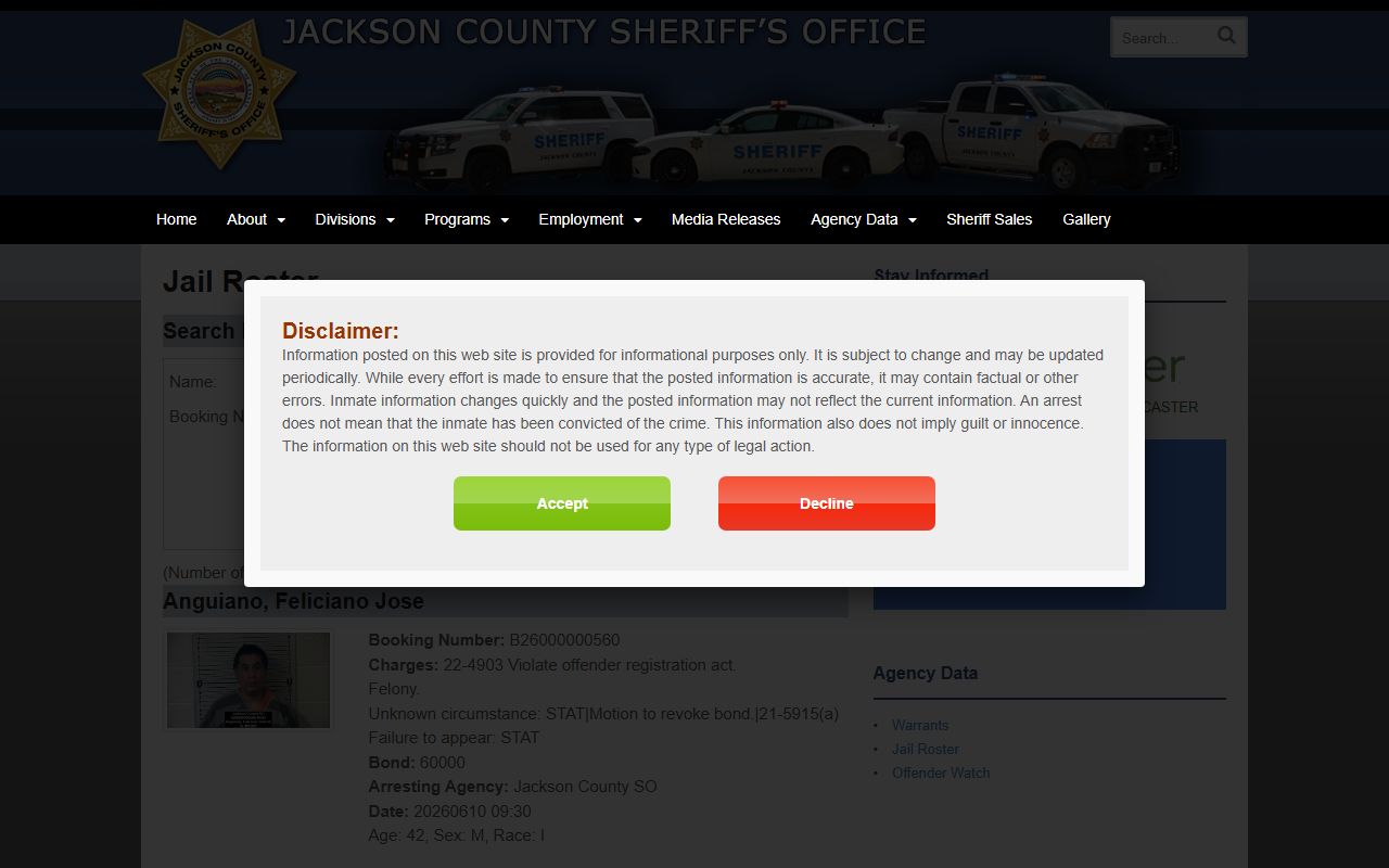 Jackson County arrest records jail roster charge listing