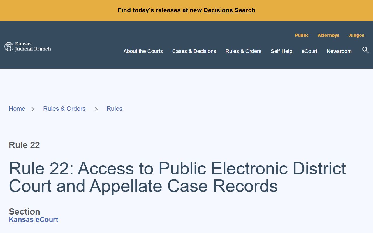 Jackson County court records Kansas Supreme Court Rule 22 electronic access source