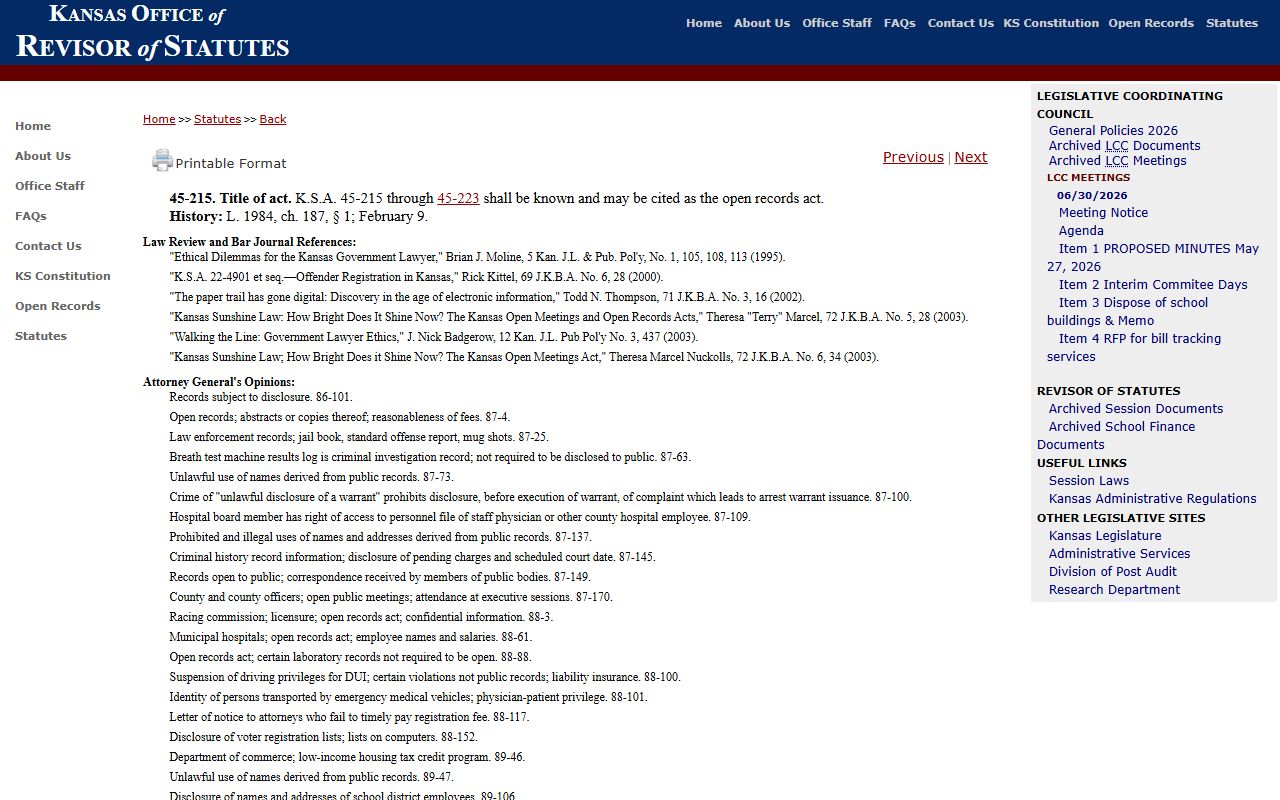 Jackson County court records K.S.A. 45-215 Kansas Open Records Act source