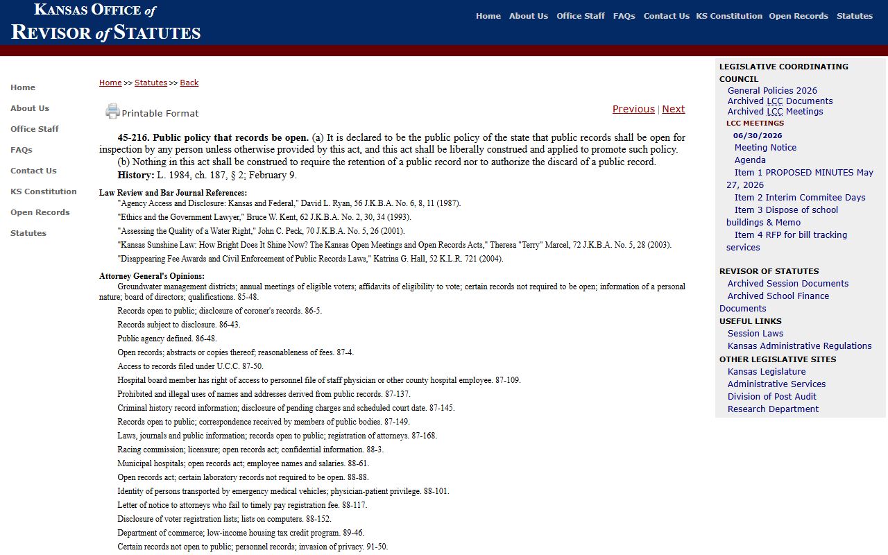 Jackson County court records K.S.A. 45-216 public records policy