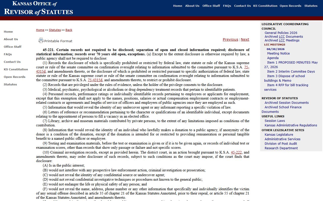 Jackson County court records K.S.A. 45-221 exemptions source