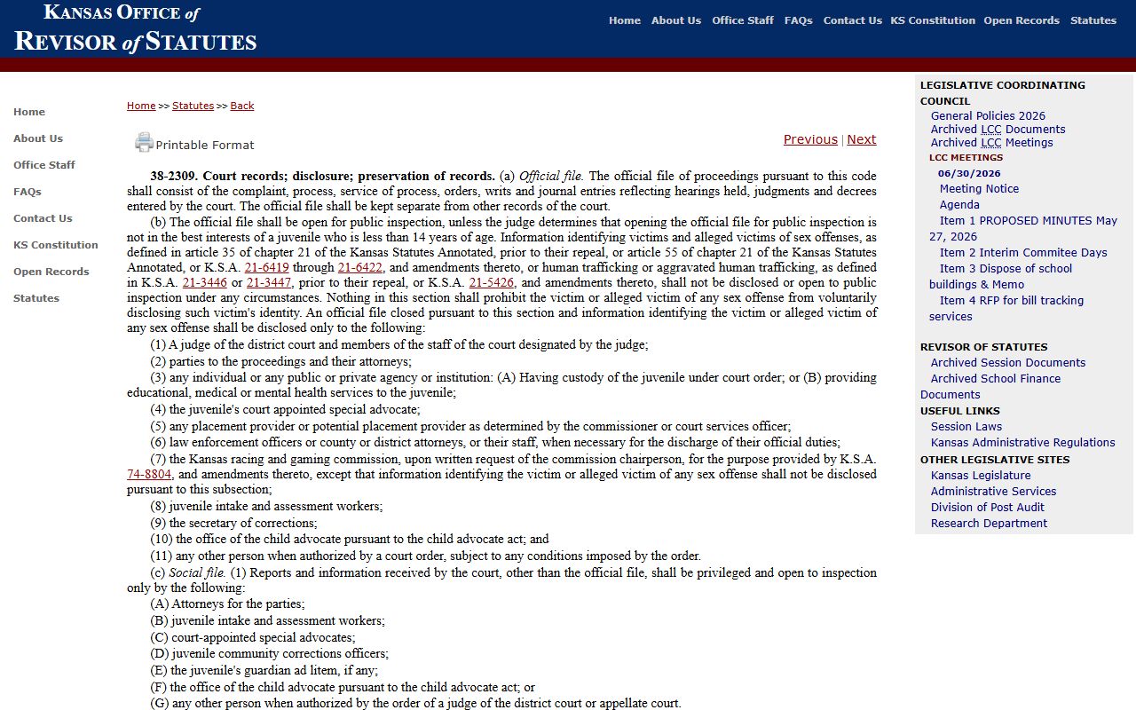 Jackson County criminal court records K.S.A. 38-2309 juvenile records source
