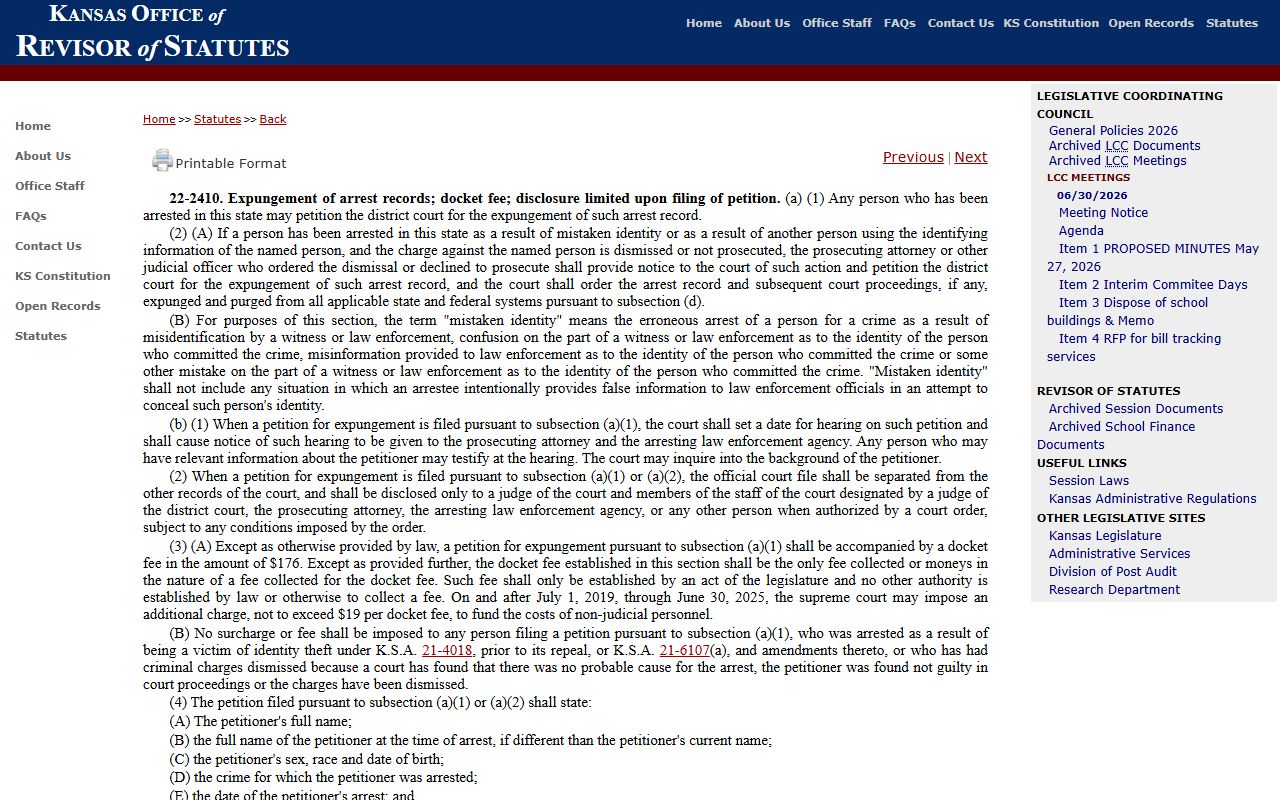 Jackson County criminal court records K.S.A. 22-2410 arrest expungement source