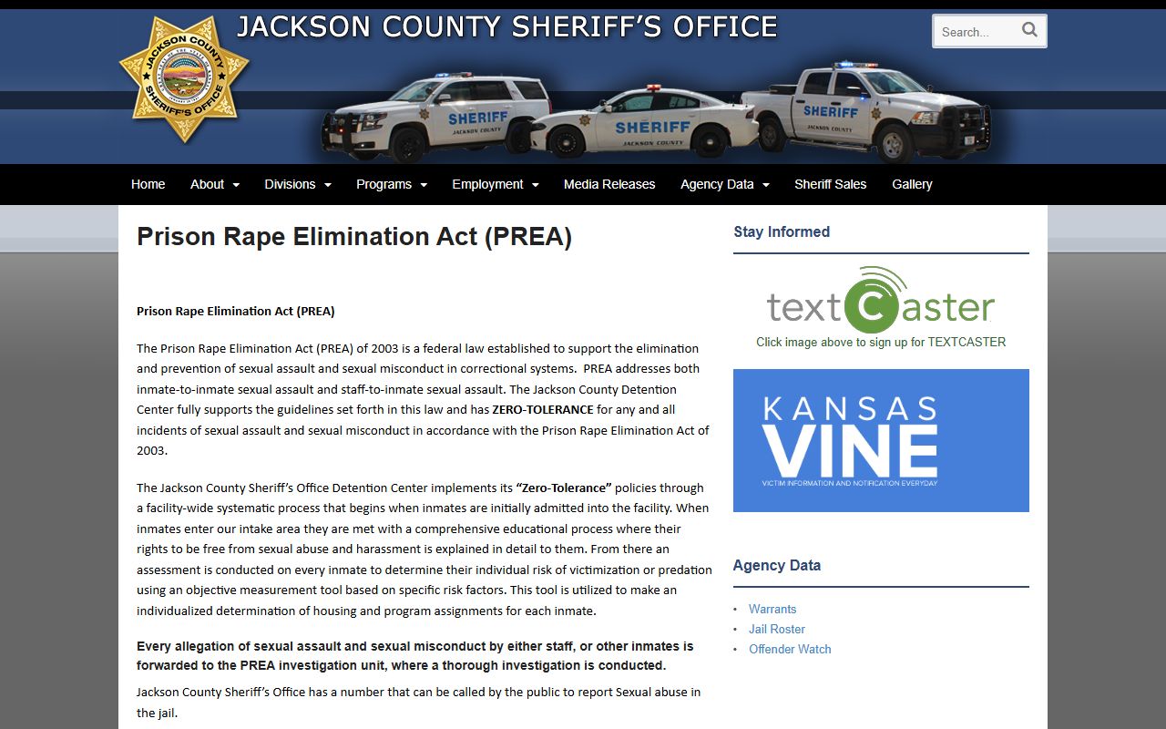 Jackson County inmate records PREA jail population source