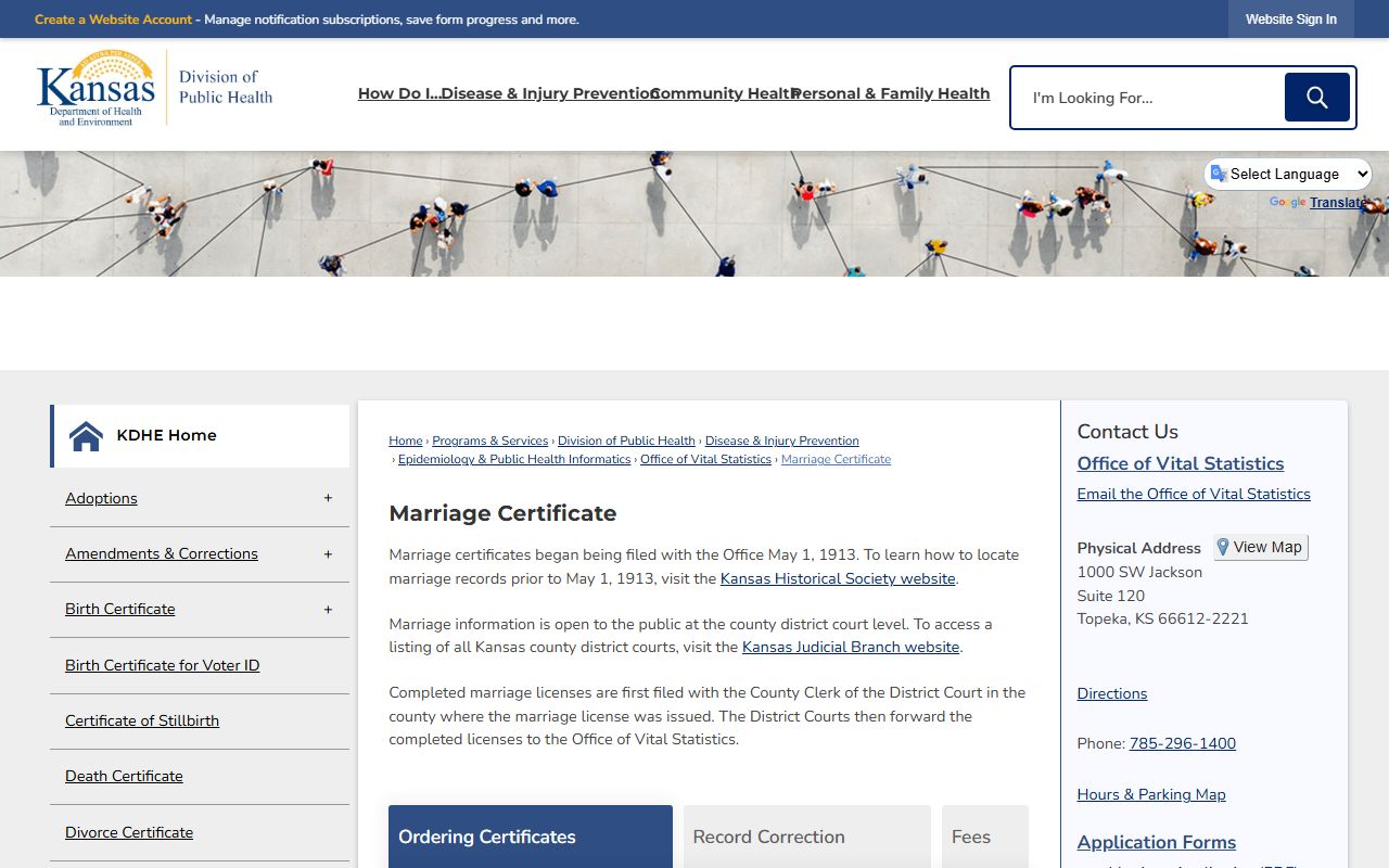 Jackson County marriage records KDHE marriage certificate ordering page
