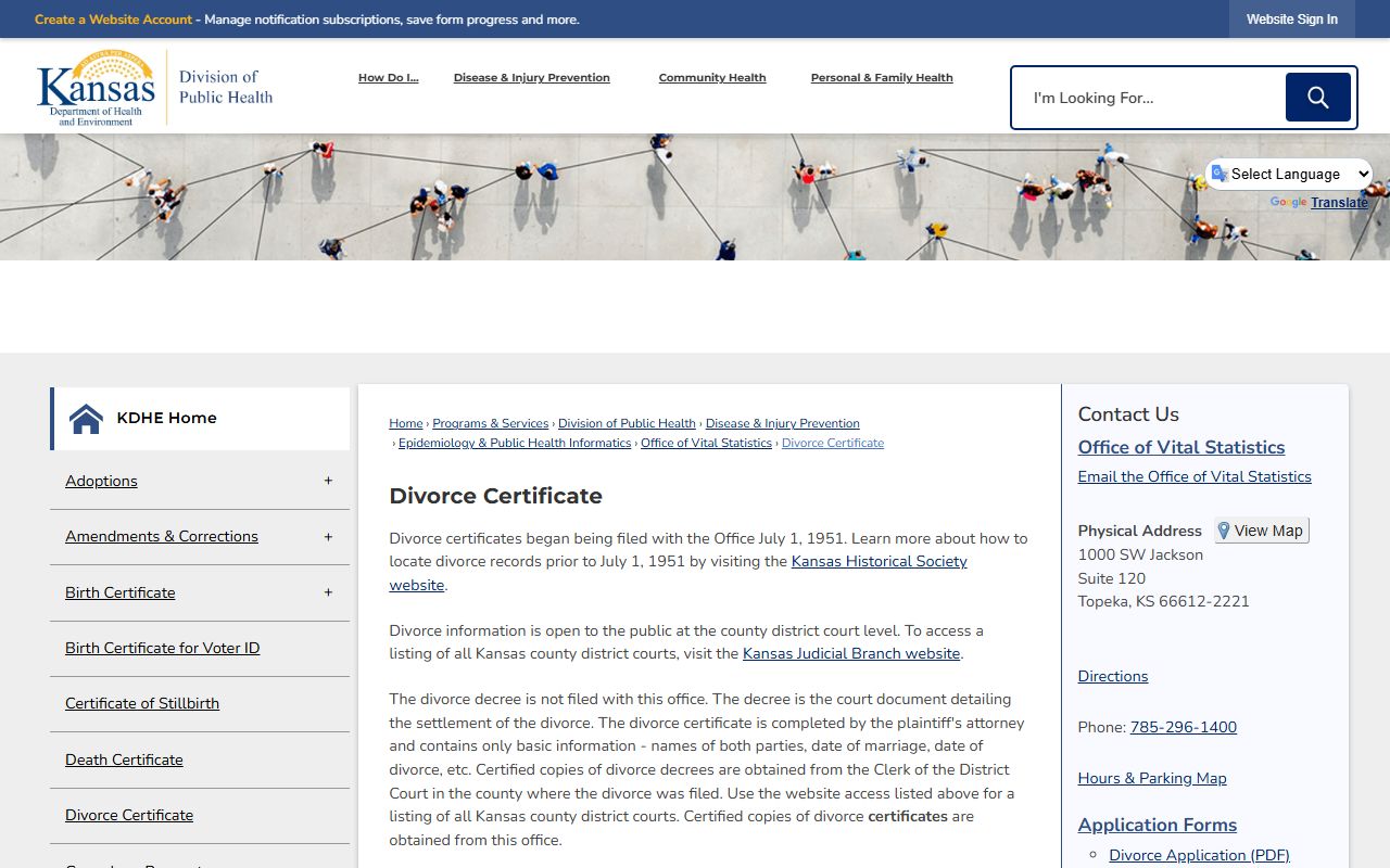 Jackson County divorce records KDHE divorce certificate ordering page