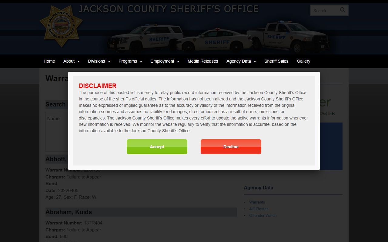 Jackson County warrant records active warrant list